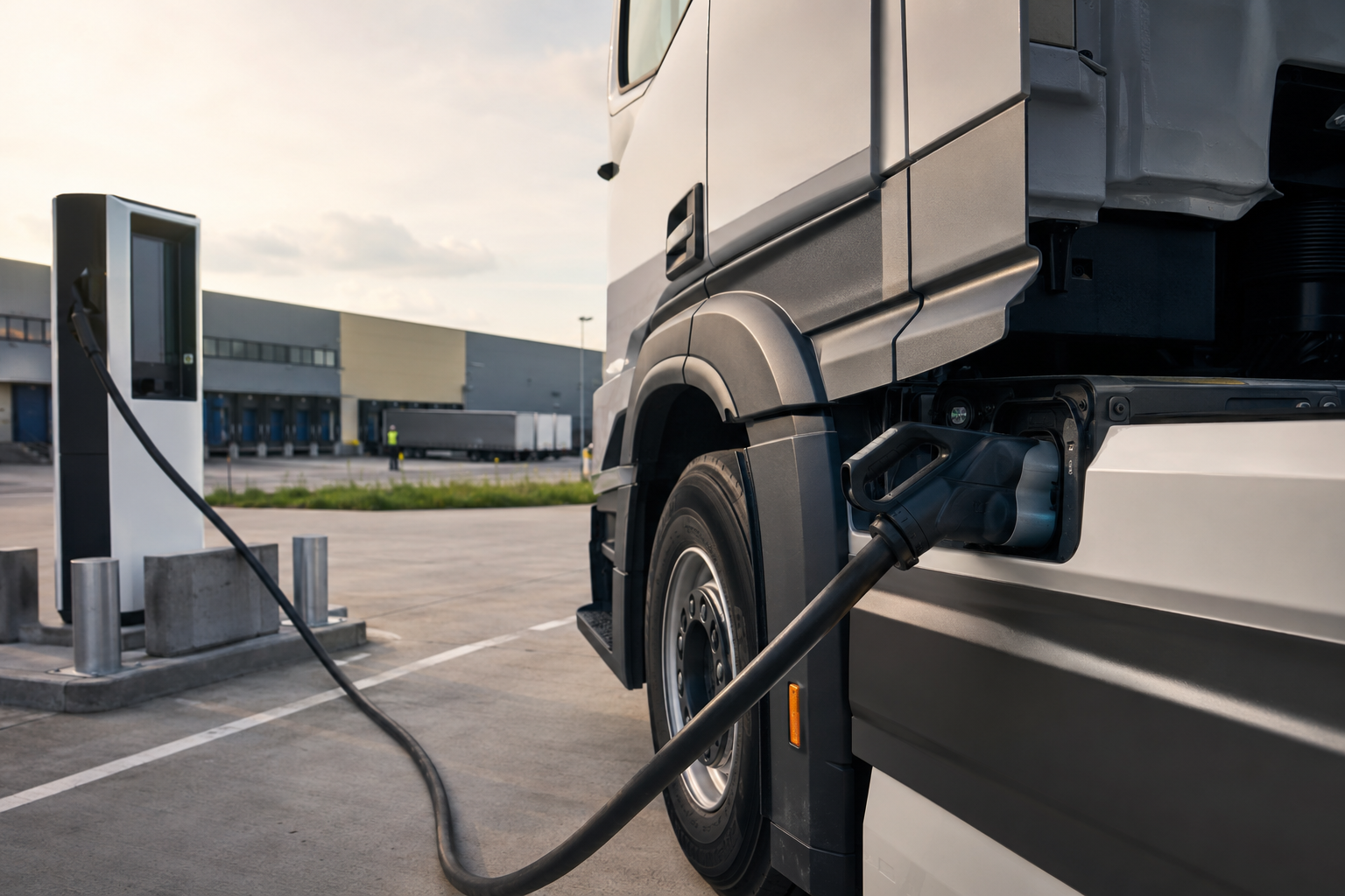 Heavy-duty charging connector attached to an electric truck